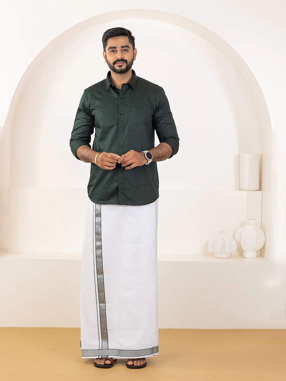 Men 100% Cotton Dark Green Shirt and Fancy Border Dhoti Set BT10